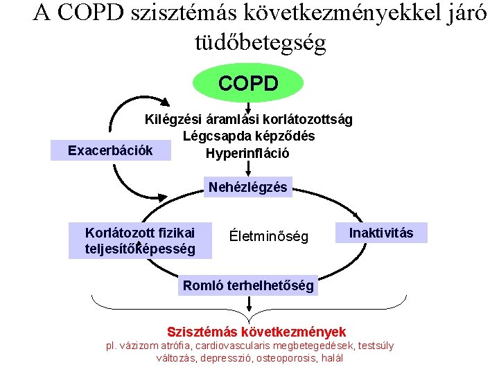 A COPD szisztémás következményekkel járó tüdőbetegség COPD Kilégzési áramlási korlátozottság Légcsapda képződés Exacerbációk Hyperinfláció