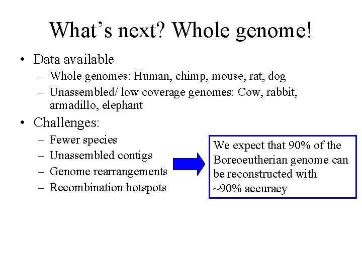 What’s next? Whole genome! • Data available – Whole genomes: Human, chimp, mouse, rat,