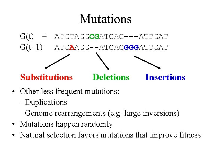 Mutations G(t) = ACGTAGGCGATCAG---ATCGAT G(t+1)= ACGAAGG--ATCAGGGGATCGAT Substitutions Deletions Insertions • Other less frequent mutations: