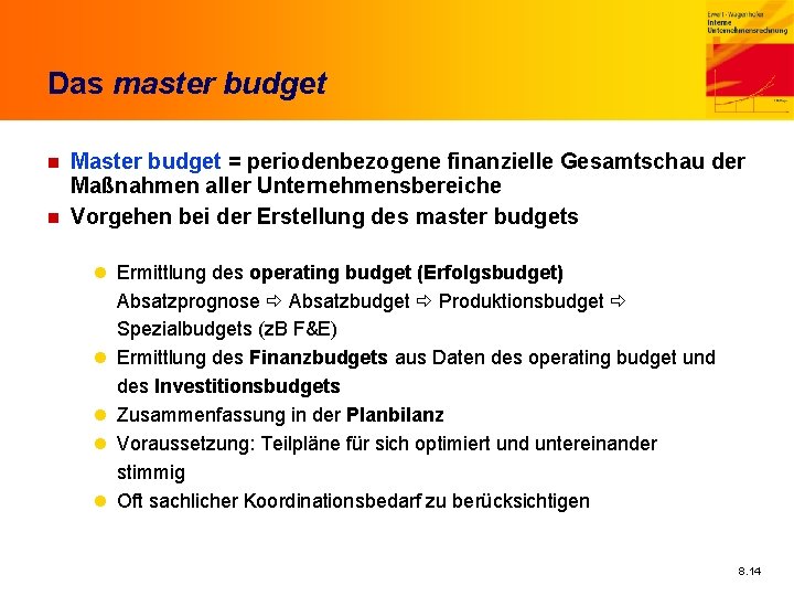 Das master budget n n Master budget = periodenbezogene finanzielle Gesamtschau der Maßnahmen aller