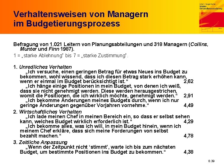 Verhaltensweisen von Managern im Budgetierungsprozess Befragung von 1. 021 Leitern von Planungsabteilungen und 318
