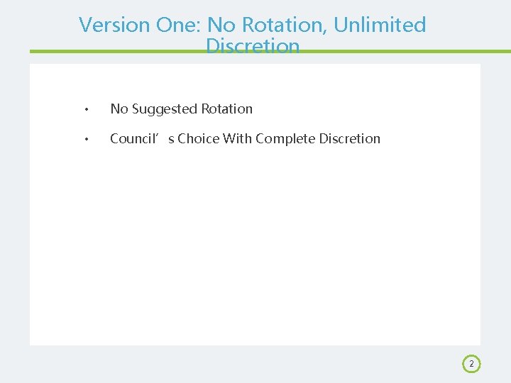 Version One: No Rotation, Unlimited Discretion • No Suggested Rotation • Council’s Choice With