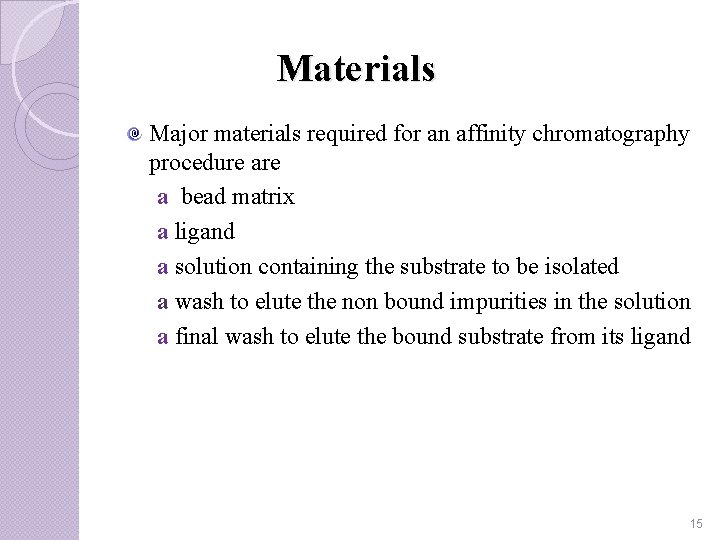 Materials Major materials required for an affinity chromatography procedure a bead matrix a ligand