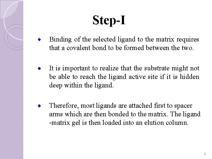 Step-I Binding of the selected ligand to the matrix requires that a covalent bond