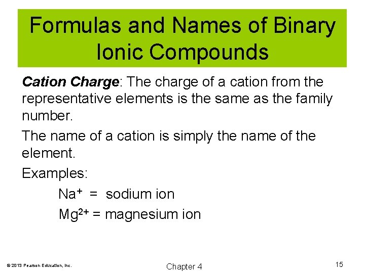 Formulas and Names of Binary Ionic Compounds Cation Charge: The charge of a cation
