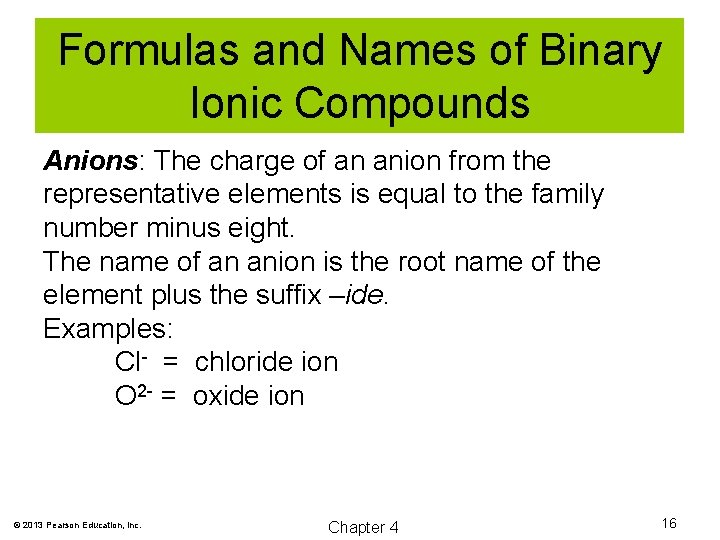 Formulas and Names of Binary Ionic Compounds Anions: The charge of an anion from