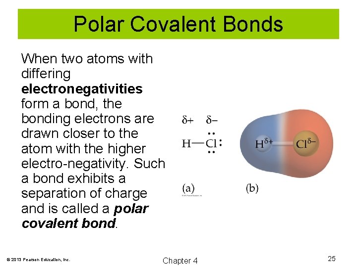 Polar Covalent Bonds When two atoms with differing electronegativities form a bond, the bonding