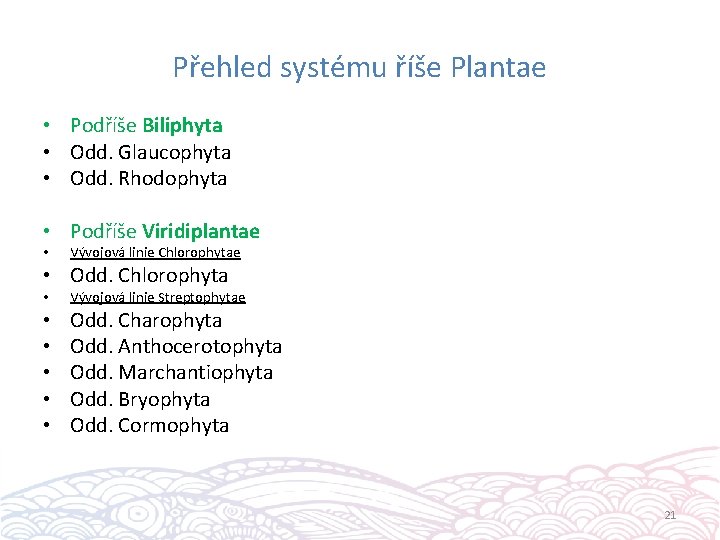 Přehled systému říše Plantae • Podříše Biliphyta • Odd. Glaucophyta • Odd. Rhodophyta •