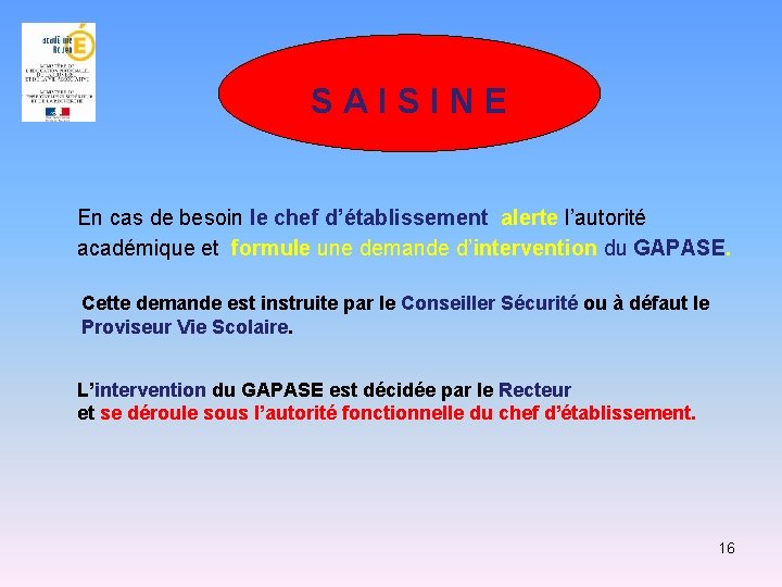 SAISINE En cas de besoin le chef d’établissement alerte l’autorité académique et formule une SAISINE En cas de besoin le chef d’établissement alerte l’autorité académique et formule une