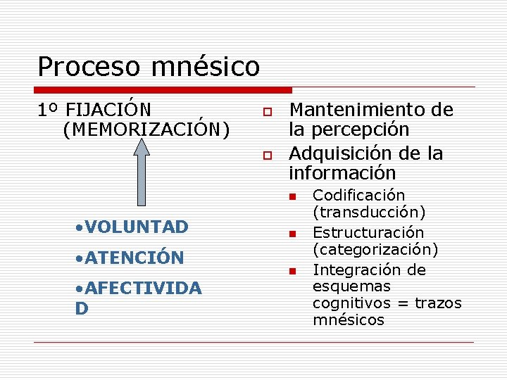 Proceso mnésico 1º FIJACIÓN (MEMORIZACIÓN) o o Mantenimiento de la percepción Adquisición de la