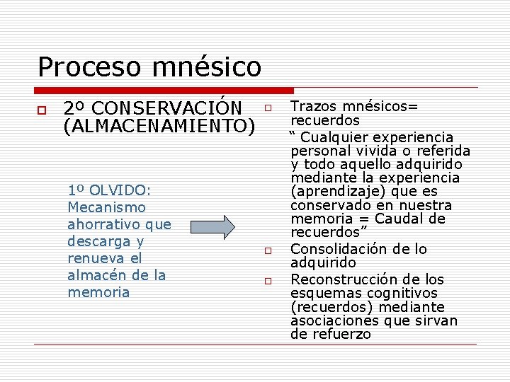 Proceso mnésico o 2º CONSERVACIÓN (ALMACENAMIENTO) 1º OLVIDO: Mecanismo ahorrativo que descarga y renueva