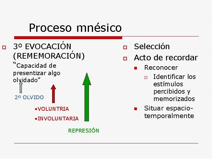 Proceso mnésico o 3º EVOCACIÓN (REMEMORACIÓN) “Capacidad de presentizar algo olvidado” o o Selección