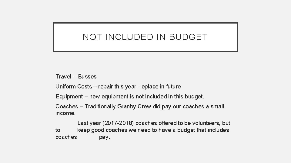 NOT INCLUDED IN BUDGET Travel – Busses Uniform Costs – repair this year, replace