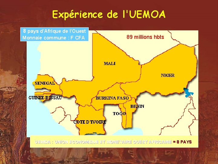 Expérience de l'UEMOA 8 pays d’Afrique de l’Ouest Monnaie commune : F CFA 89