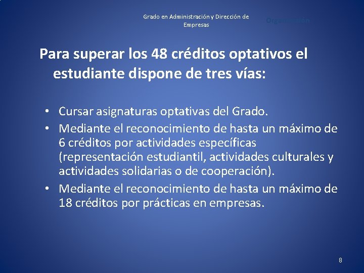 Grado en Administración y Dirección de Empresas Organización Para superar los 48 créditos optativos