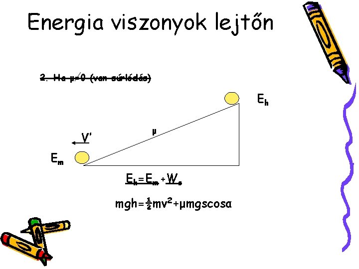Energia viszonyok lejtőn 2. Ha μ=0 (van súrlódás) Eh V’ μ Em Eh=Em +Ws