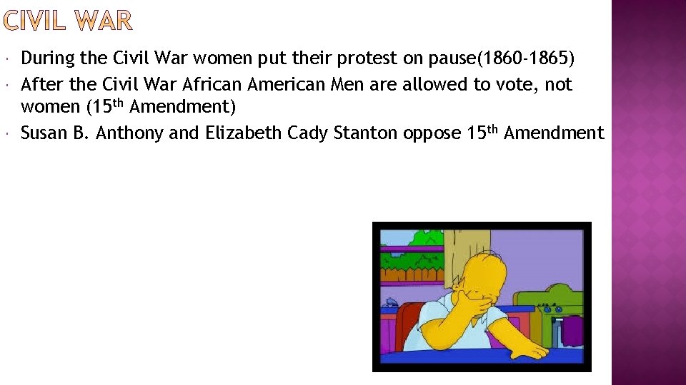  During the Civil War women put their protest on pause(1860 -1865) After the