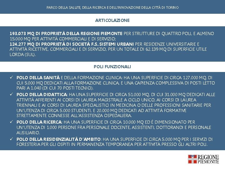 PARCO DELLA SALUTE, DELLA RICERCA E DELL'INNOVAZIONE DELLA CITTÀ DI TORINO ARTICOLAZIONE 193. 073