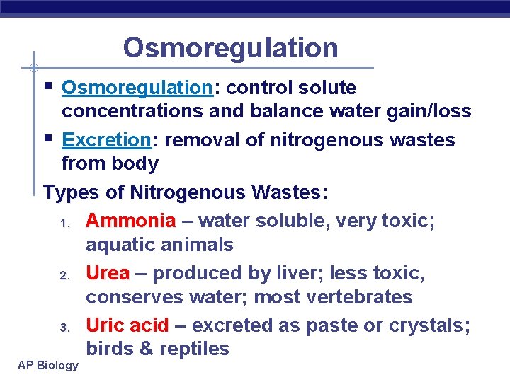 Osmoregulation § Osmoregulation: control solute concentrations and balance water gain/loss § Excretion: removal of Osmoregulation § Osmoregulation: control solute concentrations and balance water gain/loss § Excretion: removal of