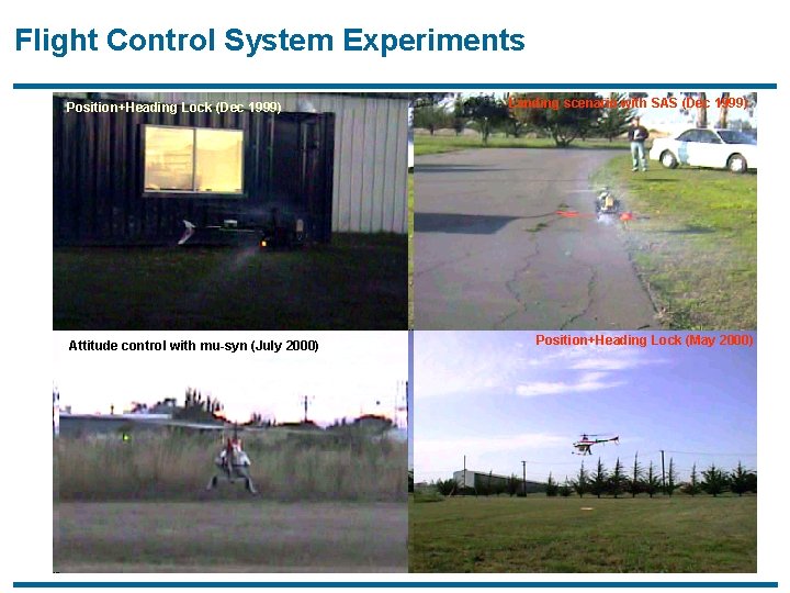 Flight Control System Experiments Position+Heading Lock (Dec 1999) Attitude control with mu-syn (July 2000)