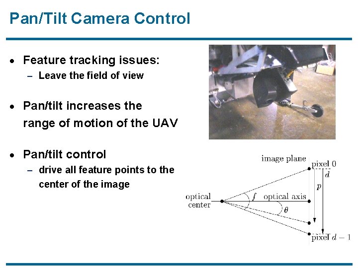 Pan/Tilt Camera Control · Feature tracking issues: – Leave the field of view ·