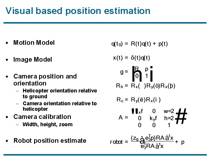 Visual based position estimation · Motion Model · Image Model · Camera position and