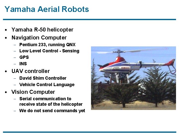 Yamaha Aerial Robots · Yamaha R-50 helicopter · Navigation Computer – Pentium 233, running