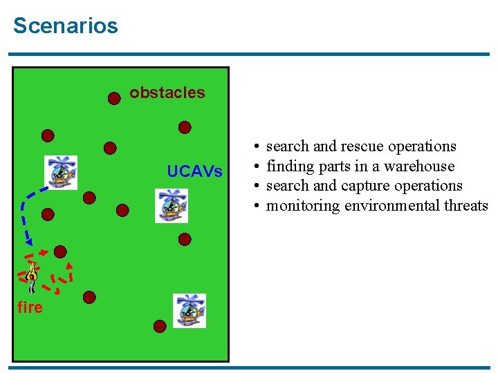 Scenarios obstacles UCAVs fire • • search and rescue operations finding parts in a