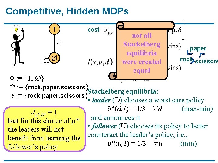 Competitive, Hidden MDPs 1 cost 1|- Ø not all Stackelberg equilibria were created equal