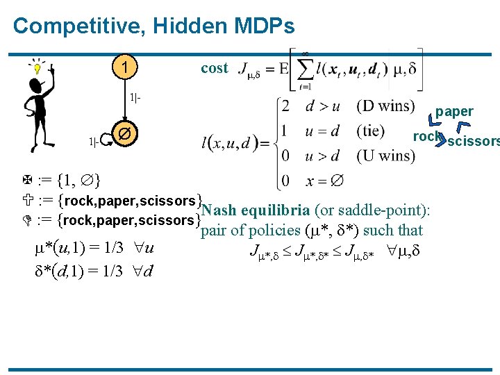 Competitive, Hidden MDPs 1 cost 1|- paper 1|- Ø rock scissors X : =