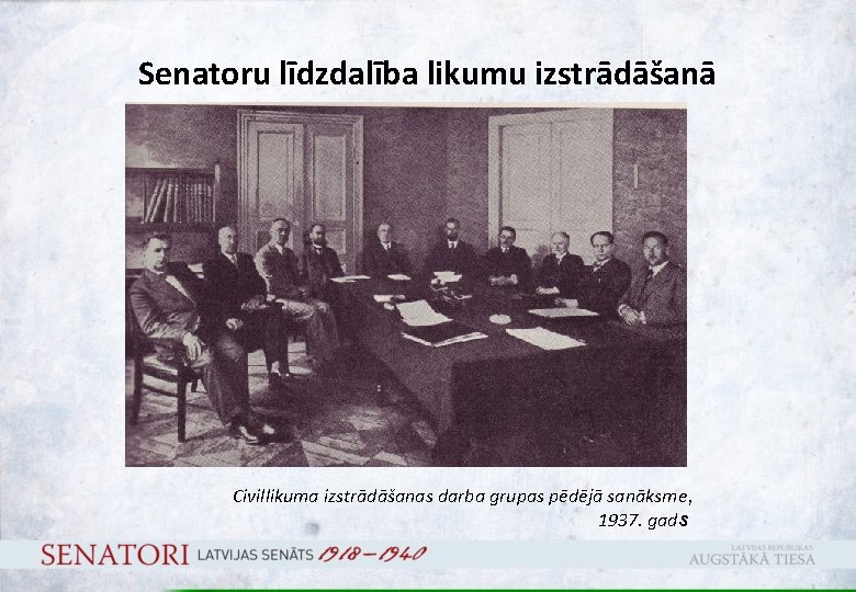 Senatoru līdzdalība likumu izstrādāšanā Civillikuma izstrādāšanas darba grupas pēdējā sanāksme, 1937. gads 