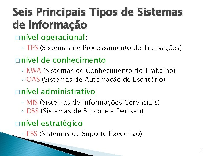 Seis Principais Tipos de Sistemas de Informação � nível operacional: � nível de conhecimento