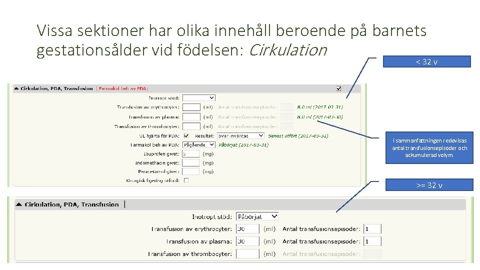 Vissa sektioner har olika innehåll beroende på barnets gestationsålder vid födelsen: Cirkulation < 32