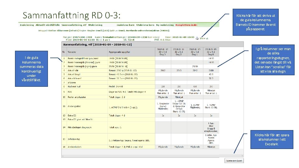 Sammanfattning RD 0 -3: I de gula kolumnerna summeras data kontinuerligt under vårdtillfället. Klicka