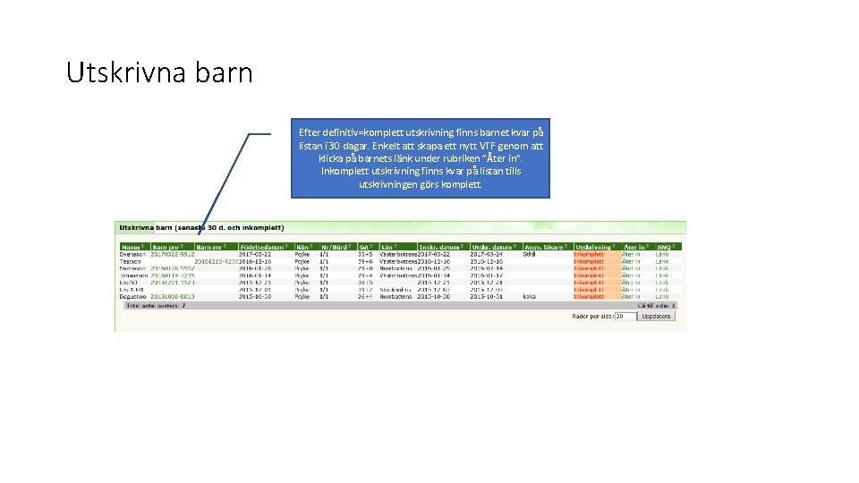 Utskrivna barn Efter definitiv=komplett utskrivning finns barnet kvar på listan i 30 dagar. Enkelt