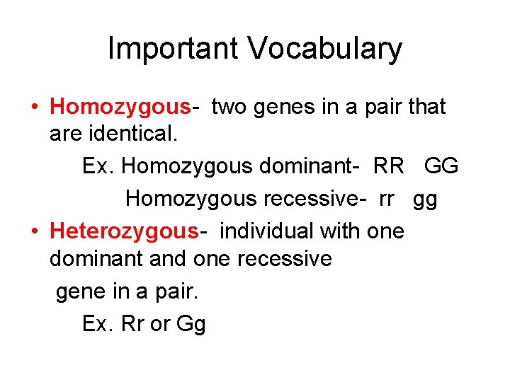 Important Vocabulary • Homozygous- two genes in a pair that are identical. Ex. Homozygous