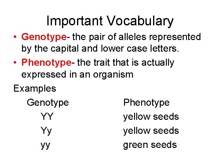 Important Vocabulary • Genotype- the pair of alleles represented by the capital and lower