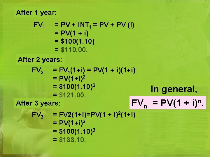 After 1 year: FV 1 = PV + INT 1 = PV + PV