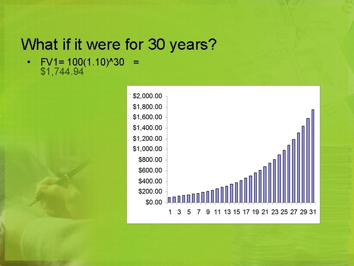 What if it were for 30 years? • FV 1= 100(1. 10)^30 = $1,