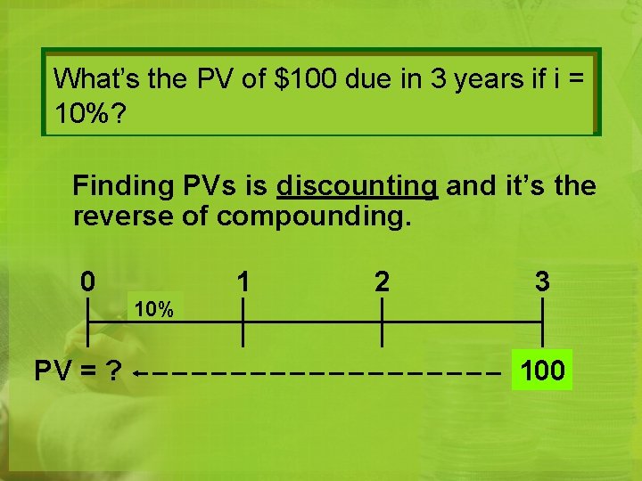 What’s the PV of $100 due in 3 years if i = 10%? Finding