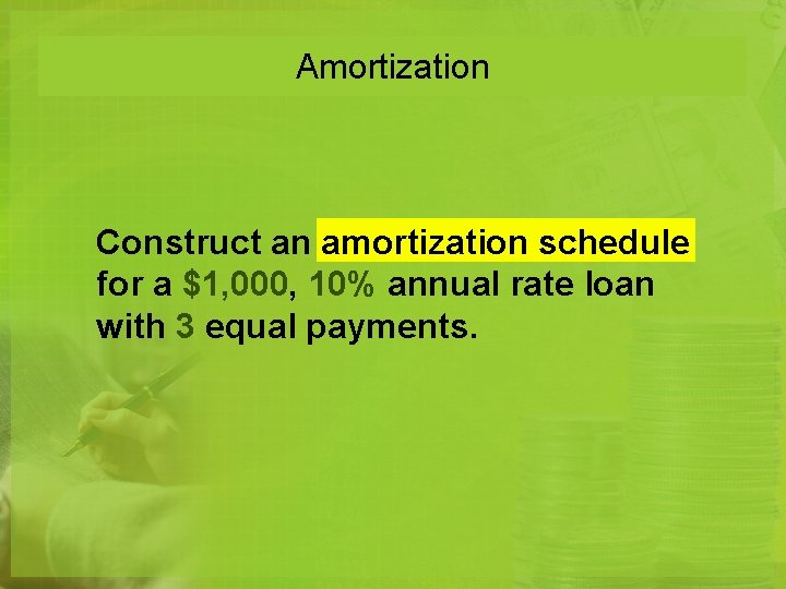 Amortization Construct an amortization schedule for a $1, 000, 10% annual rate loan with