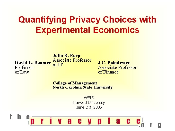 Quantifying Privacy Choices with Experimental Economics Julia B. Earp Associate Professor David L. Baumer