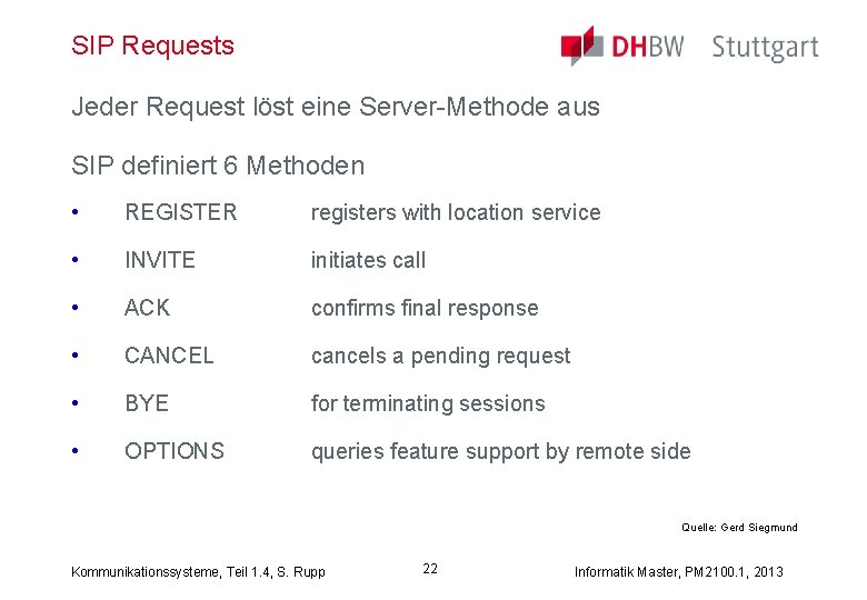 SIP Requests Jeder Request löst eine Server-Methode aus SIP definiert 6 Methoden • REGISTER