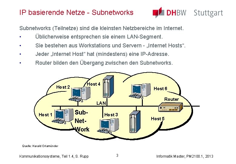 IP basierende Netze - Subnetworks (Teilnetze) sind die kleinsten Netzbereiche im Internet. • Üblicherweise