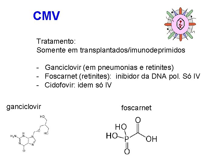 CMV Tratamento: Somente em transplantados/imunodeprimidos - Ganciclovir (em pneumonias e retinites) - Foscarnet (retinites):