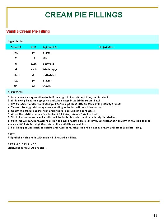 CREAM PIE FILLINGS Vanilla Cream Pie Filling Ingredients: Amount Unit Ingredients 480 gr Sugar