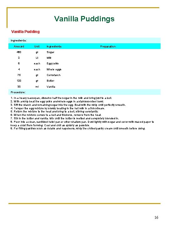 Vanilla Puddings Vanilla Pudding Ingredients: Amount Unit Ingredients 480 gr Sugar 2 Lt Milk