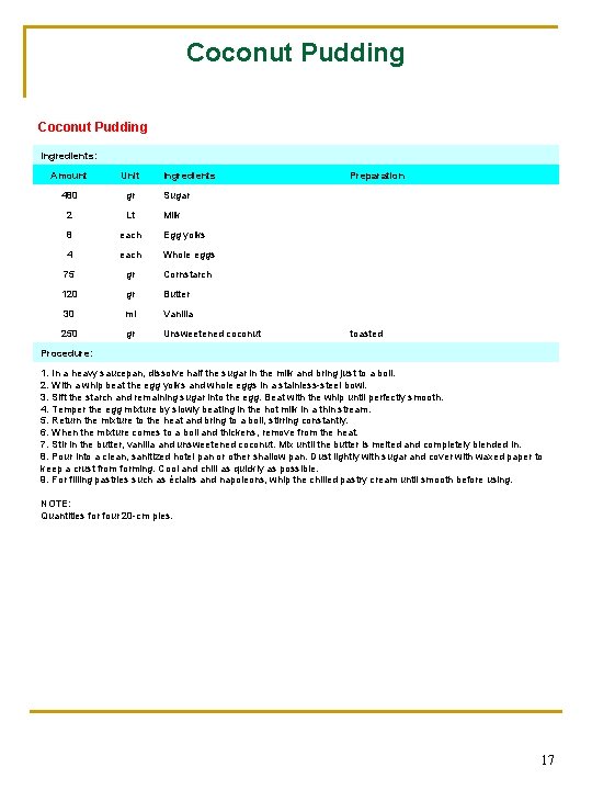 Coconut Pudding Ingredients: Amount Unit Ingredients 480 gr Sugar 2 Lt Milk 8 each