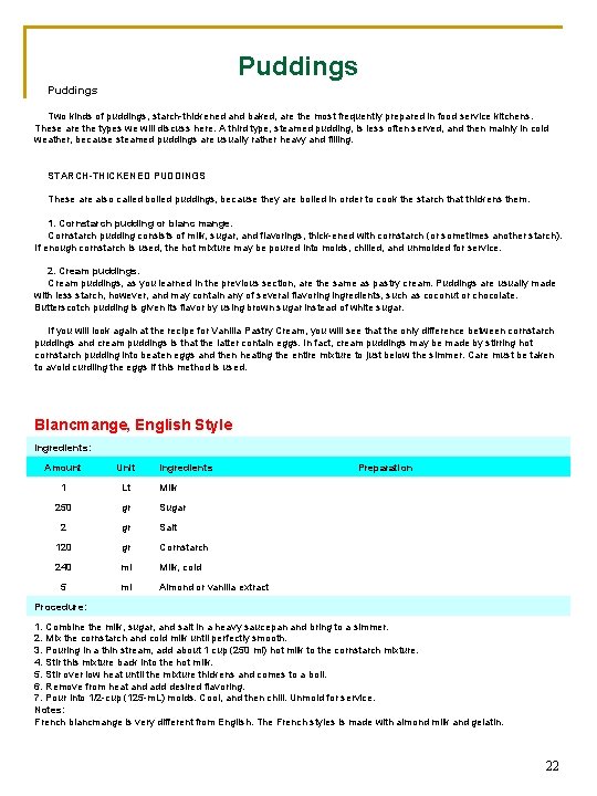 Puddings Two kinds of puddings, starch thickened and baked, are the most frequently prepared