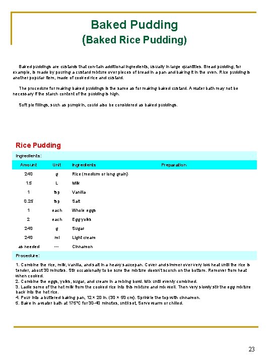 Baked Pudding (Baked Rice Pudding) Baked puddings are custards that con tain additional ingredients,